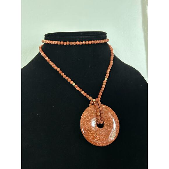 Handmade Orange Goldstone Necklace, 15.5in, Goldtone Accents and a Crystal Donut - Picture 7 of 8